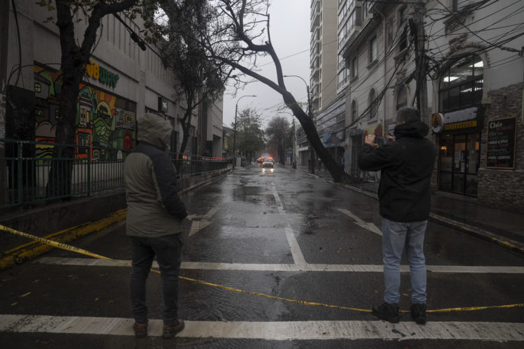 Un hombre observa un árbol caído debido a las fuertes lluvias, este jueves en Valparaído (Chile). EFE/ Adriana Thomasa
