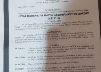 Concejo de Rafael Rangel otorga título postmorten de “Doña” a Luisa Matos de Rondón