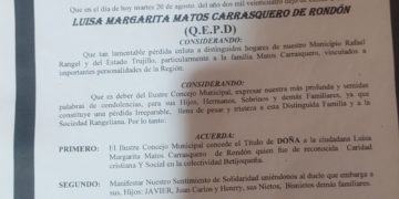 Concejo de Rafael Rangel otorga título postmorten de “Doña” a Luisa Matos de Rondón