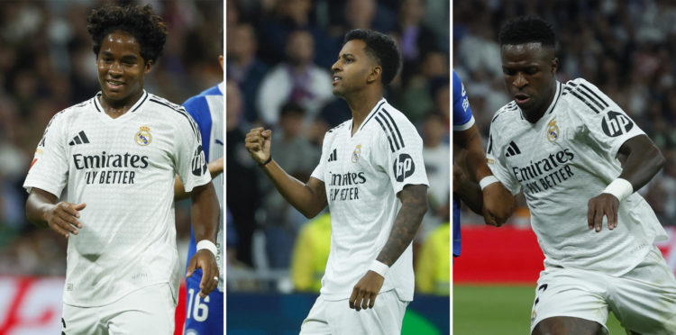 Combo de fotografías donde se observa a los jugadores Endrick (i), Rodrygo (c) y Vinícius. EFE/Juanjo Martín