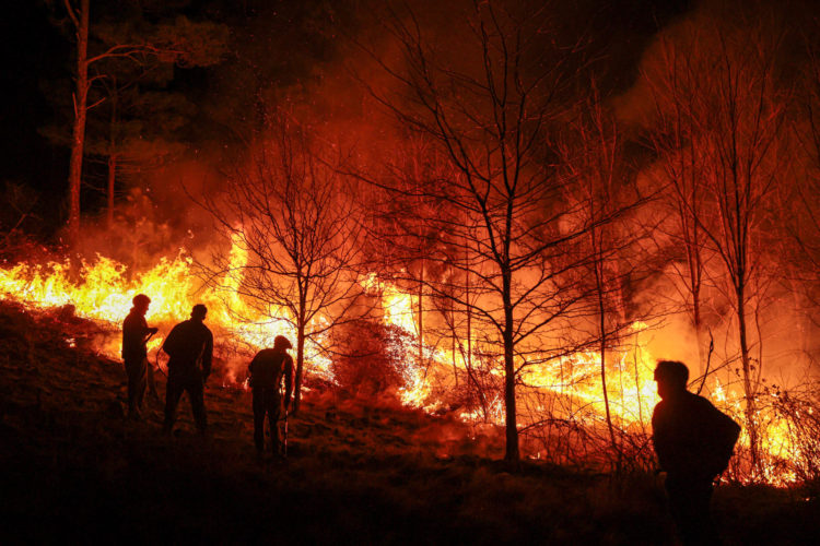 Personas parte de un grupo de bomberos y vecinos autogestionados combaten un incendio forestal este lunes, en Intiyaco en las cercanías de Villa Berna, provincia de Córdoba (Argentina). EFE/ STR