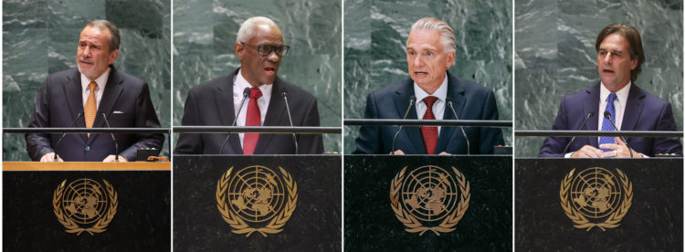 Combo de fotografías donde aparece el Ministro de Exteriores peruano, Elmer Schialer (i), el presidente del Consejo Presidencial de Transición de Haití, Edgar Leblanc Fils (2-i), el canciller de Costa Rica, Arnoldo André Tinoco (2-d) y el presidente de Uruguay, Luis Lacalle Pou, hablando en Nueva York (Estados Unidos). EFE/ EPA/ Stephani Spindel / Sarah Yenesel / Olga Fedorova / Sarah Yenesel