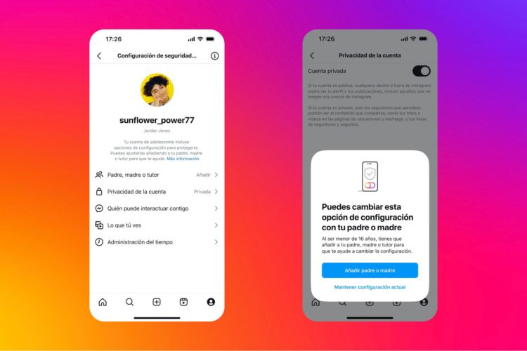 Fotografía cedida por Meta donde se muestra la interfaz de configuración de seguridad de una Cuenta de Adolescente en Instagram que pide el permiso del padre o madre para realizar cambios. La red social Instagram lanzó este martes su Cuenta de Adolescente, una sesión que ofrece más privacidad y más restricciones -controladas por los padres- que los perfiles tradicionales para los adultos y solo los usuarios de 16 años o más pueden alterar algunas de estas configuraciones. EFE/Meta