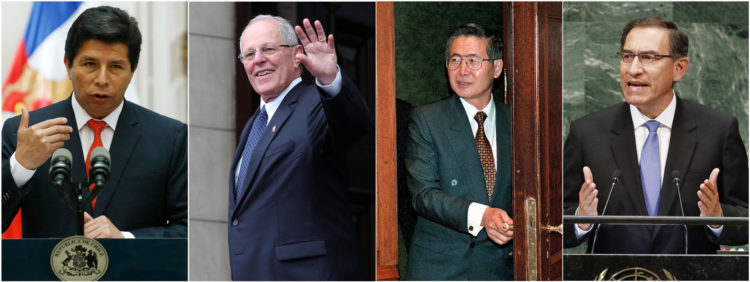 Combo de fotografías de archivo de los expresidentes de Perú; Pedro Castillo (i) (2021-2022), Pedro Pablo Kuczynski (2-i) (2016-2018), Alberto Fujimori (1990-2000) y Martín Vizcarra (2018-2020). EFE/ ARCHIVO