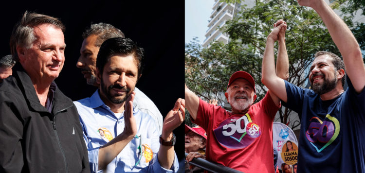 Combo de fotografías de el alcalde de São Paulo, Ricardo Nunes (2i), con el exmandatario ultraderechista Jair Bolsonaro (1i) (2019-2022) y el diputado Guilherme Boulos (2d), candidato apoyado por el presidente brasileño, Luiz Inácio Lula da Silva (1d), durante campañas electorales en Sao Paulo (Brasil). EFE/ Sebastiao Moreira