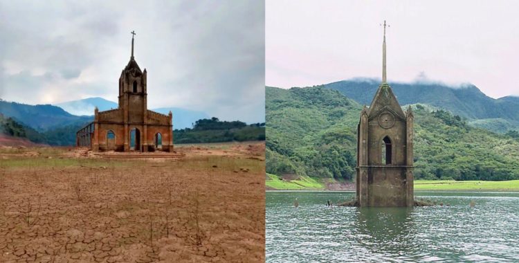 El Embalse Uribante con un nivel alto de las aguas, se puede observar la cruz de la iglesia de San Isidro Labrador del antiguo pueblo de Potosí. Sin embargo, debido a la intensa sequía que padeció Venezuela, se pudo observar la iglesia completa y el cementerio cercano.