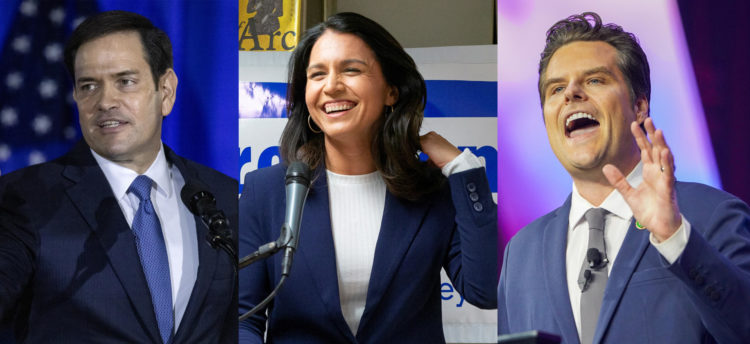 Combo de fotografías de archivo del senador Marco Rubio (i), de la excongresista Tulsi Gabbard (c) y del legislador Matt Gaetz. EFE/ Cristobal Herrera-ulashkevich / Cj Gunther / Dieu-nialo Chery ARCHIVO