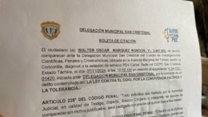 Citación enviada por el Cicpc al defensor de derechos humanos, Walter Márquez. 