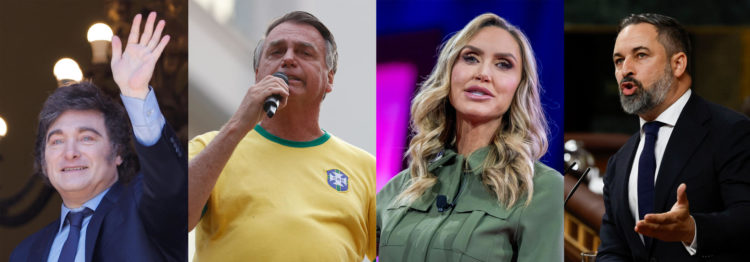 Combo de fotografías de archivo donde se ven, desde la izquierda, el presidente de Argentina, Javier Milei; el expresidente brasileño Jair Bolsonaro; la asesora de campañas Lara Trump y el líder de Vox, Santiago Abascal. Milei, vuelve a reunir en Buenos Aires a los referentes de la extrema derecha de América y España, entre ellos, Bolsonaro; Abascal; y Lara Trump. EFE/ Juan Ignacio Roncoroni/ Sebastiao Moreira/ Shawn Thew/ J.J.Guillen