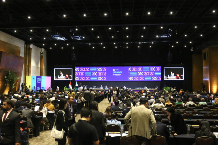 Delegados de diferentes países asisten a la sesión inaugural de la decimonovena reunión del Comité Intergubernamental para la Salvaguardia del Patrimonio Cultural Inmaterial de la Organización de las Naciones Unidas para la Educación, la Ciencia y la Cultura (Unesco), este lunes en Luque (Paraguay). EFE/ Nina Osorio