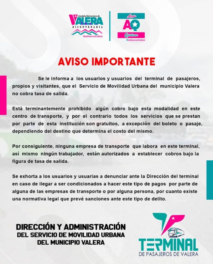 Autoridades del Terminal de Valera advierten sobre cobro ilegal de tasa de salida