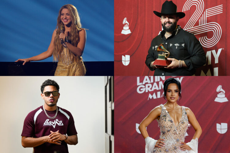 Combo de fotografías de archivo donde aparece la cantante colombiana Shakira (i-arriba), el cantante mexicano Carín León (d-arriba), el artista puertorriqueño Myke Towers (i-abajo), y la cantante mexicana Becky G. EFE/ Julio Muñoz / Octavio Guzmán / Borja Sánchez Trillo / Eva Marie Uzcátegui