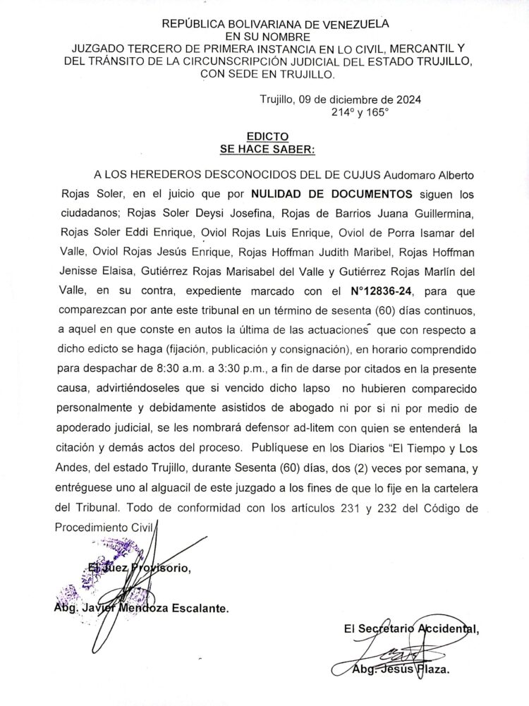 Edicto. Se hace saber a los herederos desconocidos del de cujus Audomaro Alberto Rojas Soler (23/06/2025)