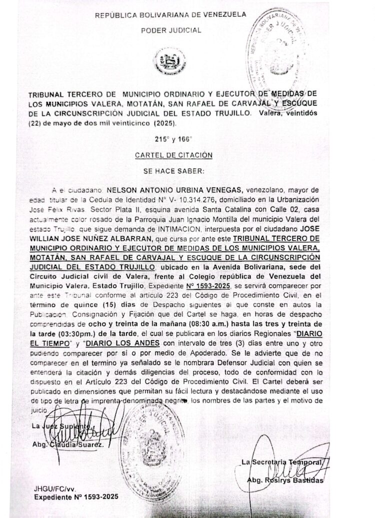 Cartel de citación al ciudadano NELSON ANTONIO URBINA VENEGAS, titular de la cédula de identidad Nº. V-10.314.276