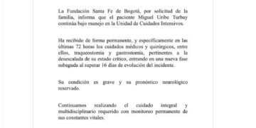 Senador Uribe Turbay experimenta mejoría y se reduce su estado crítico, según parte médico