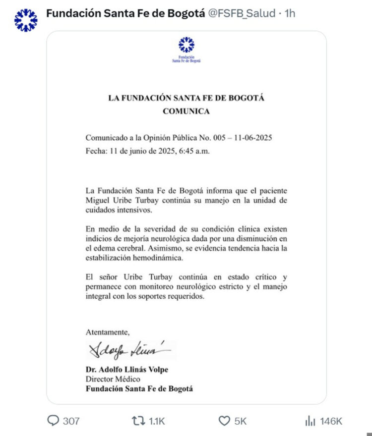 Imagen tomada de la red social X, de la cuenta oficial de la Fundación Santa Fe de Bogotá (@FSFB_Salud), que muestra el comunicado oficial sobre el estado de salud del senador y precandidato presidencial colombiano Miguel Uribe Turbay. Turbay, herido con un disparo en la cabeza en un atentado el pasado sábado, muestra "indicios de mejoría neurológica", según el nuevo parte médico divulgado este miércoles. EFE/ @FSFB_Salud