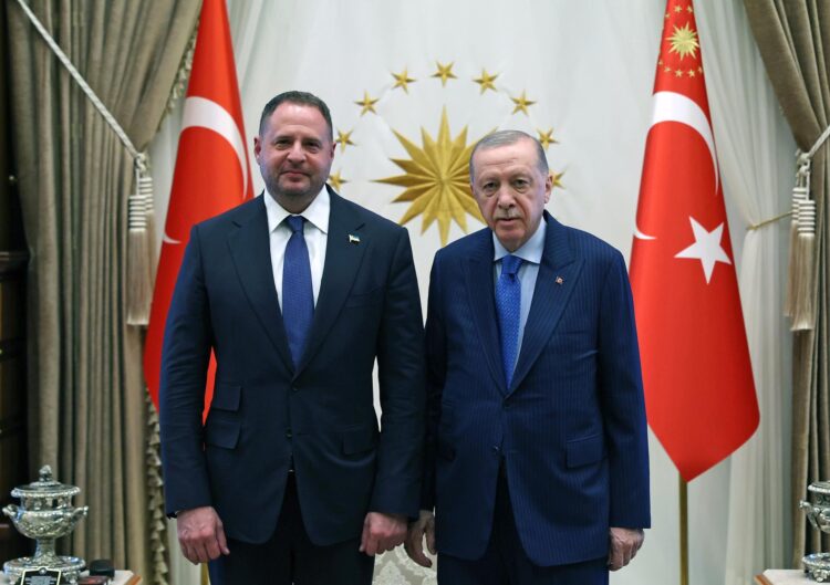 Una foto facilitada por la oficina de prensa de la Presidencia turca muestra al presidente turco, Recep Tayyip Erdogan (der.), y al jefe de la Oficina Presidencial ucraniana, Andriy Yermak (izq.), posando antes de su reunión en Ankara, Turquía, el 23 de julio de 2025. La tercera reunión entre las delegaciones rusa y ucraniana para las conversaciones de paz tendrá lugar en Estambul el 23 de julio de 2025. (Rusia, Turquía, Ucrania, Estambul) EFE/EPA/PRESIDENTIAL PRESS OFFICE HANDOUT HANDOUT EDITORIAL USE ONLY/NO SALES