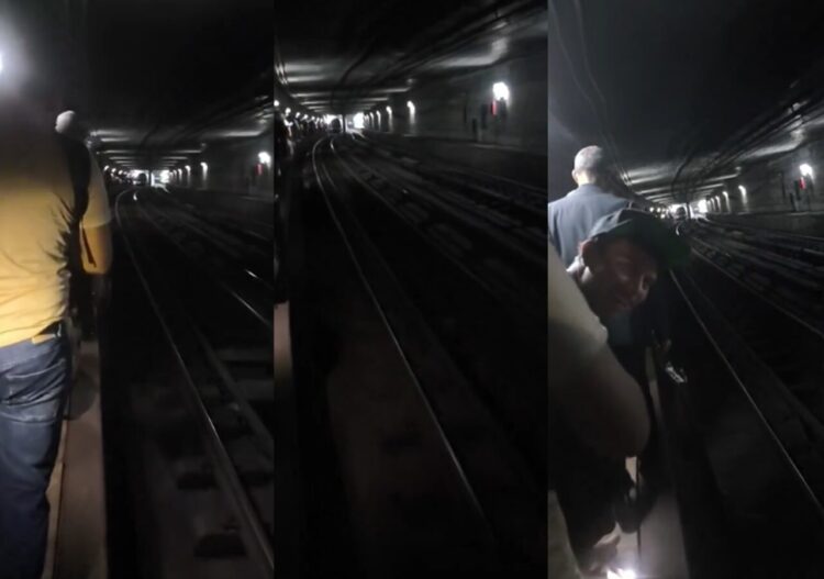 Los pasajeros decidieron salir del vagón y caminar por los túneles y rieles | Fotos: capturas de video / @Jonathanrp16