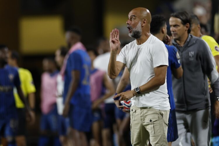 El entrenador del Manchester City, Pep Guardiola, reacciona durante el segundo tiempo extra del partido de la Copa Mundial de Clubes de la FIFA 2025 entre el Manchester City y Al Hilal en Orlando, Florida (EE.UU.). EFE/MIGUEL RODRIGUEZ