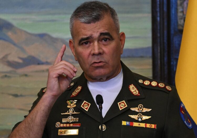Venezuelan Defense Minister Vladimir Padrino Lopez makes a statement after holding a meeting with his Colombian counterpart Ivan Velasquez (out of frame) at the Ministry of Defense in Caracas on May 11, 2023. (Photo by Federico PARRA / AFP)