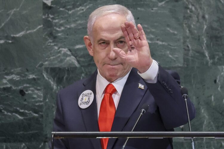 El primer ministro israelí, Benjamín Netanyahu, ante la Asamblea General de la ONU. EFE/EPA/SARAH YENESEL