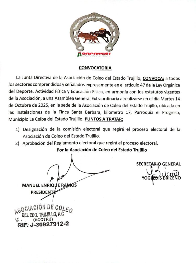 Convocatoria Asamblea General Extraordinaria de la «Asociación de Coleo del Estado Trujillo» (ACOTRU)