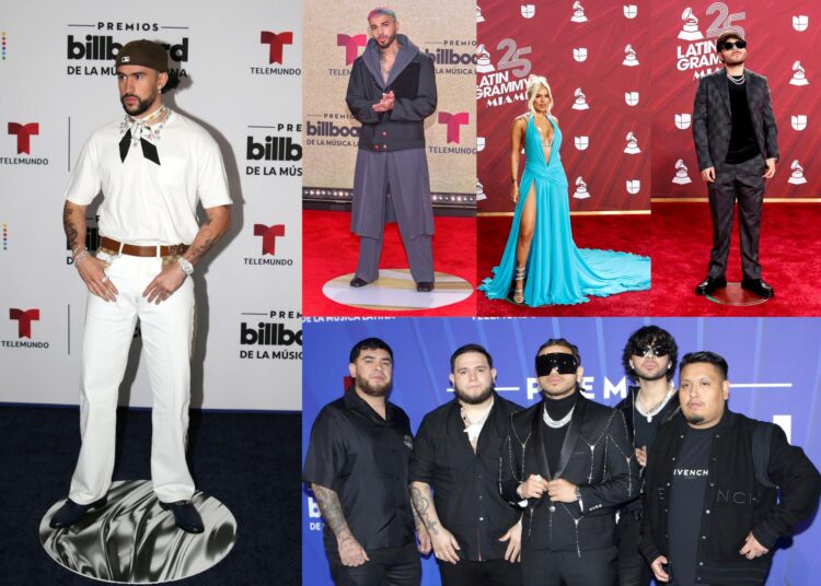 Composición de fotografías de archivo que muestra de izquierda a derecha, el cantante puertorriqueño Bad Bunny, el grupo de regional mexicano Fuerza Regida, el también puertorriqueño Rauw Alejandro, la cantante colombiana Karol G, y el artista del regional mexicano Tito Double P EFE/ARCHIVO