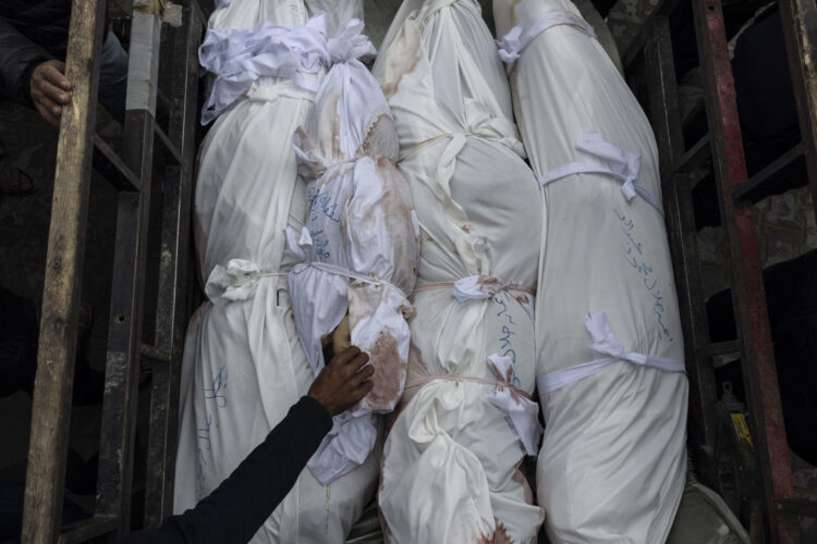 Un niño pequeño entre los cadáveres de varias víctimas de una ofensiva en la localidad de Beit Lahia, en el extremo norte de la Franja de Gaza, el 20 de marzo de 2025.  EFE/ Ahmad Awad