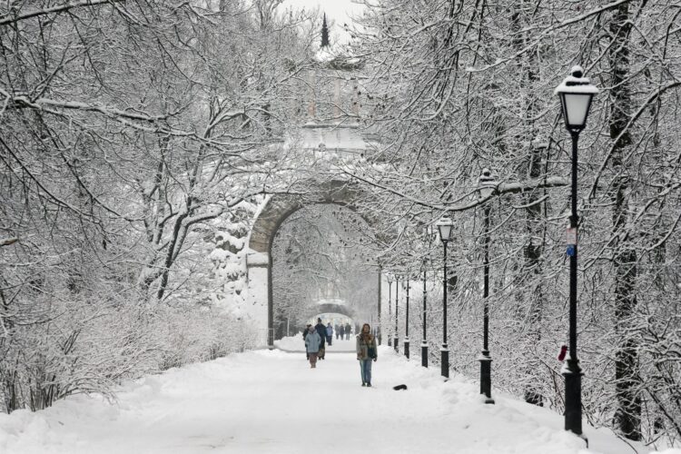 Varias personas caminan entre la nieve en el parque Catarina, tras una fuerte nevada en las afueras de San Petersburgo (Rusia). EFE/ANATOLY MALTSEV