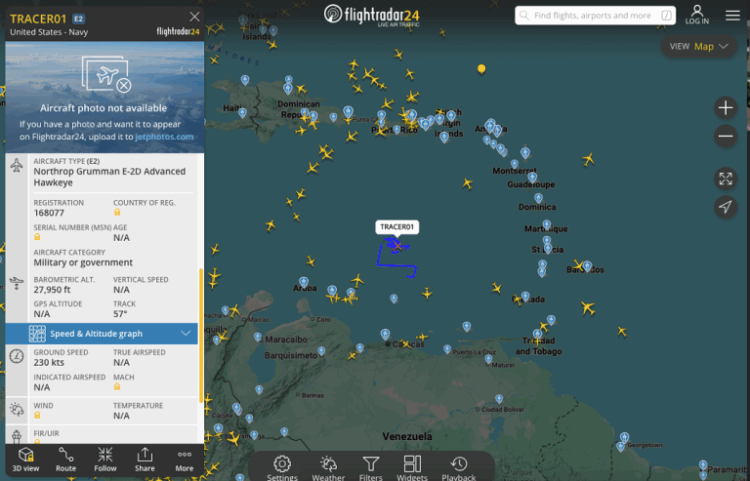 egistro de las maniobras del avión estadounidense, según flightradar24
