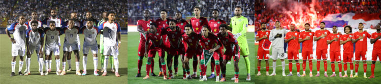 Combo de fotografías que muestra, de izquierda a derecha, a los equipos nacionales de fútbol de Haití, Surinam y Panamá. EFE/ Bienvenido Velasco/ Fernando Ruiz/ STR