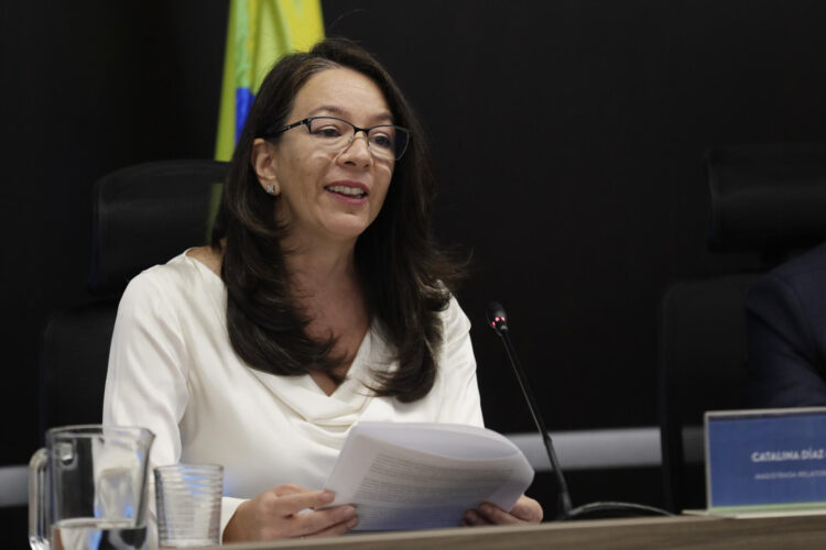 La vicepresidenta de la Sala de Reconocimiento de Verdad y de Responsabilidad de la Jurisdicción Especial para la Paz (JEP), la magistrada Catalina Díaz, habla durante una rueda de prensa este martes, en Bogotá (Colombia). EFE/ Carlos Ortega