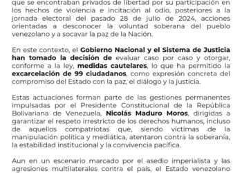 Gobierno confirma excarcelación de 99 personas presas tras las presidenciales