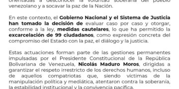 Gobierno confirma excarcelación de 99 personas presas tras las presidenciales