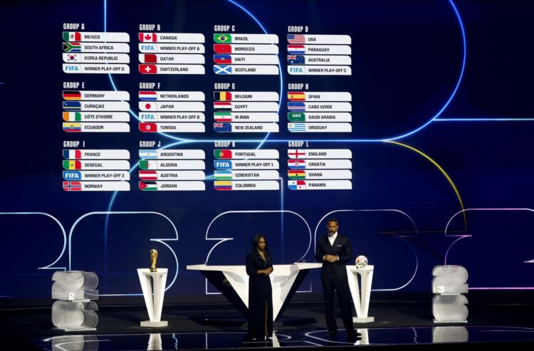 Tabla de grupos de la primera fase del Mundial 2026 tras el sorteo celebrado en el Kennedy Center de Washington DC. EFE/EPA/WILL OLIVER