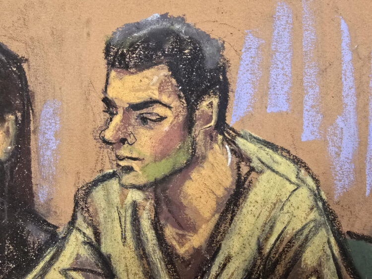 Fotografía de archivo de un dibujo realizado por la artista Jane Rosenberg donde aparece el acusado Luigi Mangione en un juzgado en Nueva York (Estados Unidos). EFE/ Jane Rosenberg