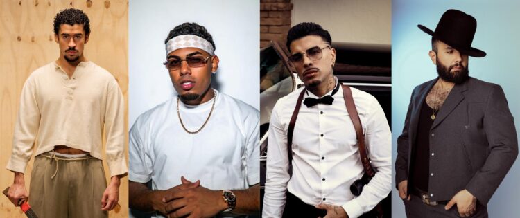 Combo de fotografías cedido por TelevisaUnivision donde aparecen de izquierda a derecha los artistas que lideran las nominaciones al Premio Lo Nuestro de Univision, los puertorriqueños Bad Bunny, Myke Towers y Rauw Alejandro, y el cantante mexicano Carín León. EFE/ Televisaunivision
