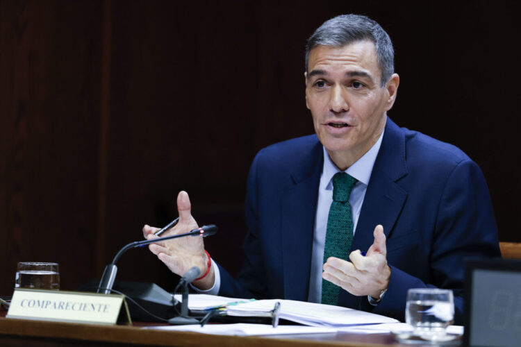 El presidente del Gobierno, Pedro Sánchez, durante su comparecencia ante la comisión de investigación del caso Koldo, este jueves en el Senado. EFE/Chema Moya
