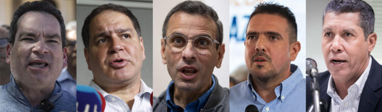 Combo de fotografías que muestra, de izquierda a derecha, al parlamentario Tomas Guanipa, al diputado Luis Florido, al opositor Henrique Capriles, al exdiputado y miembro de la comisión de negociación del antichavismo Stalin González, y al entonces candidato presidencial Henri Falcon. EFE/ ARCHIVO
