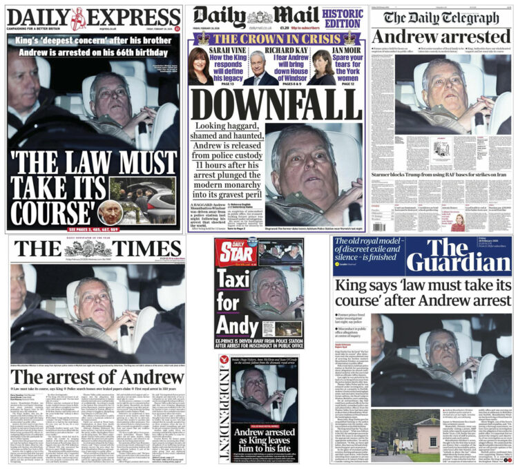Combo fotográfico de las cabeceras de varios diarios británicos de este viernes que llevan a sus portadas la salida de expríncipe Andrés de dependencias policiales.EFE