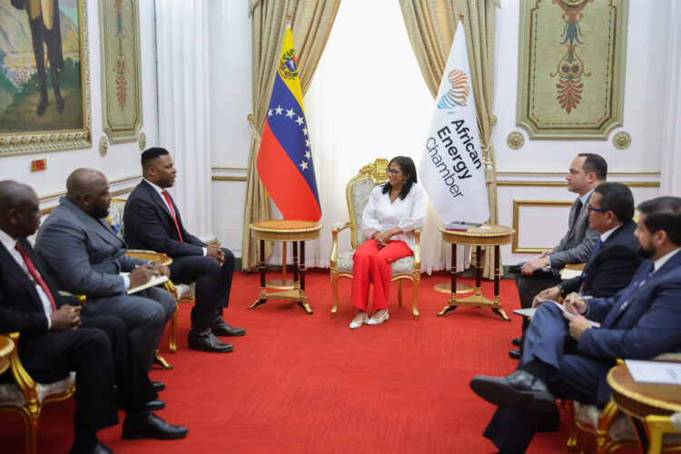 Fotografía cedida por el Palacio de Miraflores que muestra a la presidenta encargada, Delcy Rodríguez (c), hablando con el presidente de la Cámara Africana de Energía (AEC), NJ Ayuk (3-i) este miércoles durante un encuentro en Caracas (Venezuela). EFE/ Palacio de Miraflores