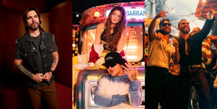 Combo de fotografías cedidas por Universal Music, Sony Music y Eighteen10 donde aparecen los artistas colombianos Juanes (i), Shakira y Beéle (c), y Maluma junto a Manuel Turizo, quienes destacan en los estrenos musicales de esta semana. EFE/ Universal Music /Sony Music