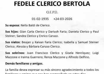Se participa el sensible fallecimiento en la paz del Señor de nuestro querido: FEDELE CLERICO BERTOLA