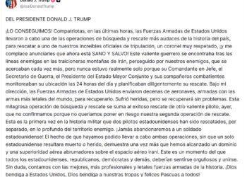 Trump dice que el Ejército de EE.UU. rescató con vida al piloto de avión derribado en Irán