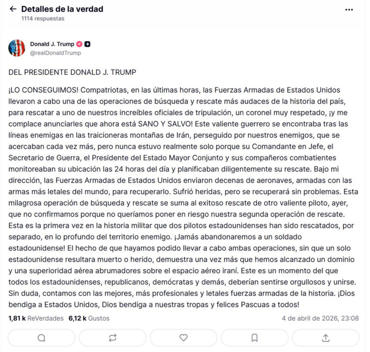 Imagen de una publicación en la cuenta en Truth Social @realDonaldTrump del presidente de los Estados Unidos, Donald Trump. EFE/ @realDonaldTrump