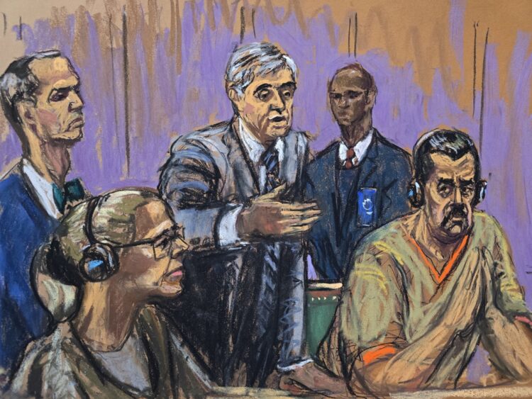 UA9395. NUEVA YORK (NY, EE.UU.), 26/03/2026.- Fotografía de un dibujo realizado por la artista Jane Rosenberg donde aparece el presidente depuesto de Venezuela, Nicolás Maduro (d), junto a su esposa Cilia Flores (2-i), y sus abogados Mark Donnelly (i) y Barry pollack (c), durante su comparecencia este lunes, ante un tribunal federal en Nueva York (EE.UU.). EFE/Jane Rosenberg