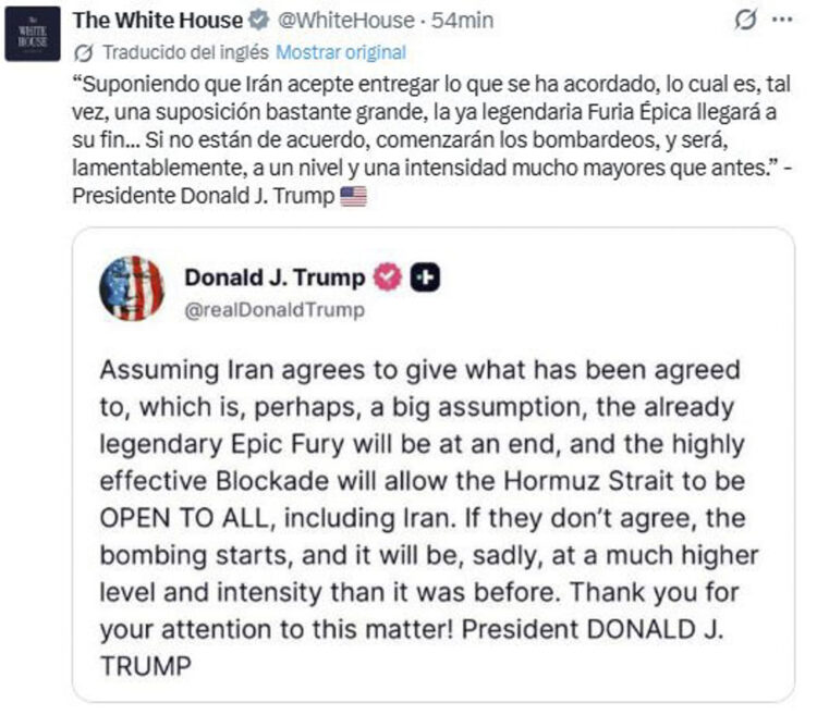 El presidente de Estados Unidos, Donald Trump, ha dicho este miércoles que, si Irán acepta las condiciones acordadas para la paz, dará por terminadas las operaciones militares y el bloqueo naval contra la república islámica, pero ha amenazado con ataques de una mayor intensidad si Teherán no acepta el pacto. En su red Truth Social, ha afirmado que, "si Irán accede a cumplir con lo acordado, lo cual es, quizás, una gran suposición, la ya legendaria operación Furia Épica llegará a su fin, y el bloqueo, sumamente eficaz, permitirá que el estrecho de Ormuz esté abierto para todos, incluido Irán". "Si no aceptan, comenzarán los bombardeos y serán, lamentablemente, de un nivel e intensidad mucho mayores que antes", ha asegurado el mandatario. Las advertencias de Trump coinciden con informes de Axios acerca de que Washington estaría a la espera de una respuesta iraní en las próximas 48 horas sobre varios puntos claves de una propuesta para acordar el fin definitivo del conflicto y establecer un marco para unas negociaciones más amplias sobre el programa nuclear del país persa. EFE/ Donald Trump en Truth Social - SOLO USO EDITORIAL/SOLO DISPONIBLE PARA ILUSTRAR LA NOTICIA QUE ACOMPAÑA (CRÉDITO OBLIGATORIO) -