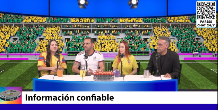 Captura de video cedido por Reckitt- SICO que muestra al comentarista Enrique Garay (d), la psicóloga colombiana Leidy Montoya (c-d), el doctor Juan Antonio Rodríguez (c-i), y la psicóloga brasileña Eliane Marcia Tormes, hablando durante el programa el entrenamiento de salud sexual realizado por la alianza SICOnfío a través de la campaña regional Que no te metan gol. EFE/ Reckitt- Sico
