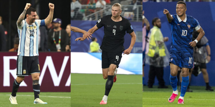 La feroz competencia goleadora entre Lionel Messi (i), Kylian Mbappé (d) y Erling Haaland (c) pone la lucha por la Bota de Oro en un nivel que permite soñar con acercarse al increíble récord del francés Just Fontaine, autor de 13 tantos en una sola edición. Kenneth Fernández / Sebastiao Moreria / Ángel Colmenares