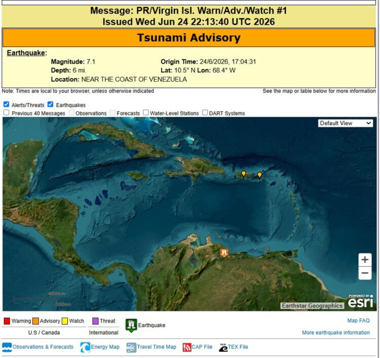 Imagen difundida en la cuenta en Administración Nacional Oceánica y Atmosférica (NOAA, en inglés) de una alerta de tsunami para Puerto Rico y las Islas Vírgenes estadounidenses tras un terremoto de magnitud 7,1 registrado cerca de las costas de Venezuela. EFE/ NOAA